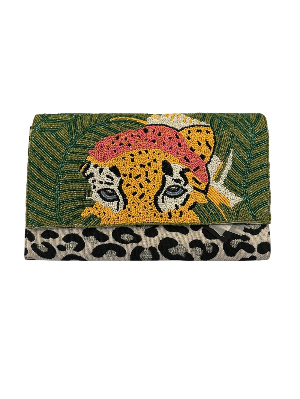 NWT America & Beyond Beaded Leopard Clutch Bag in Green and Orange